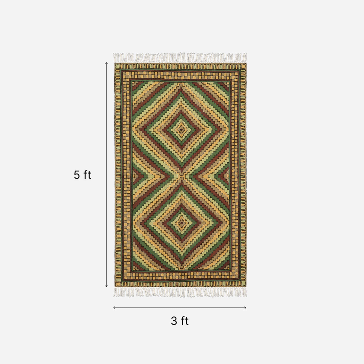 Off White & Green Geometric Crewel Embroidery Wool Rug, 3x5 ft