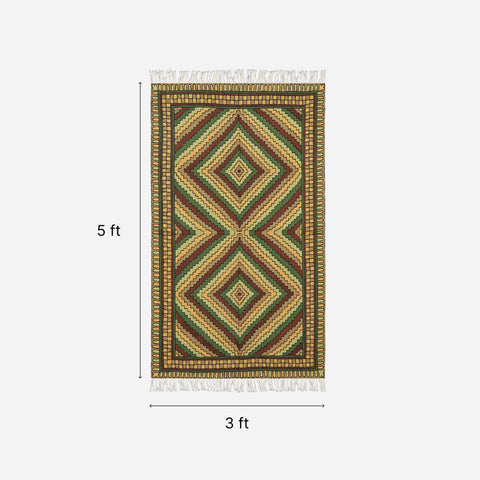 Off White & Green Geometric Crewel Embroidery Wool Rug, 3x5 ft