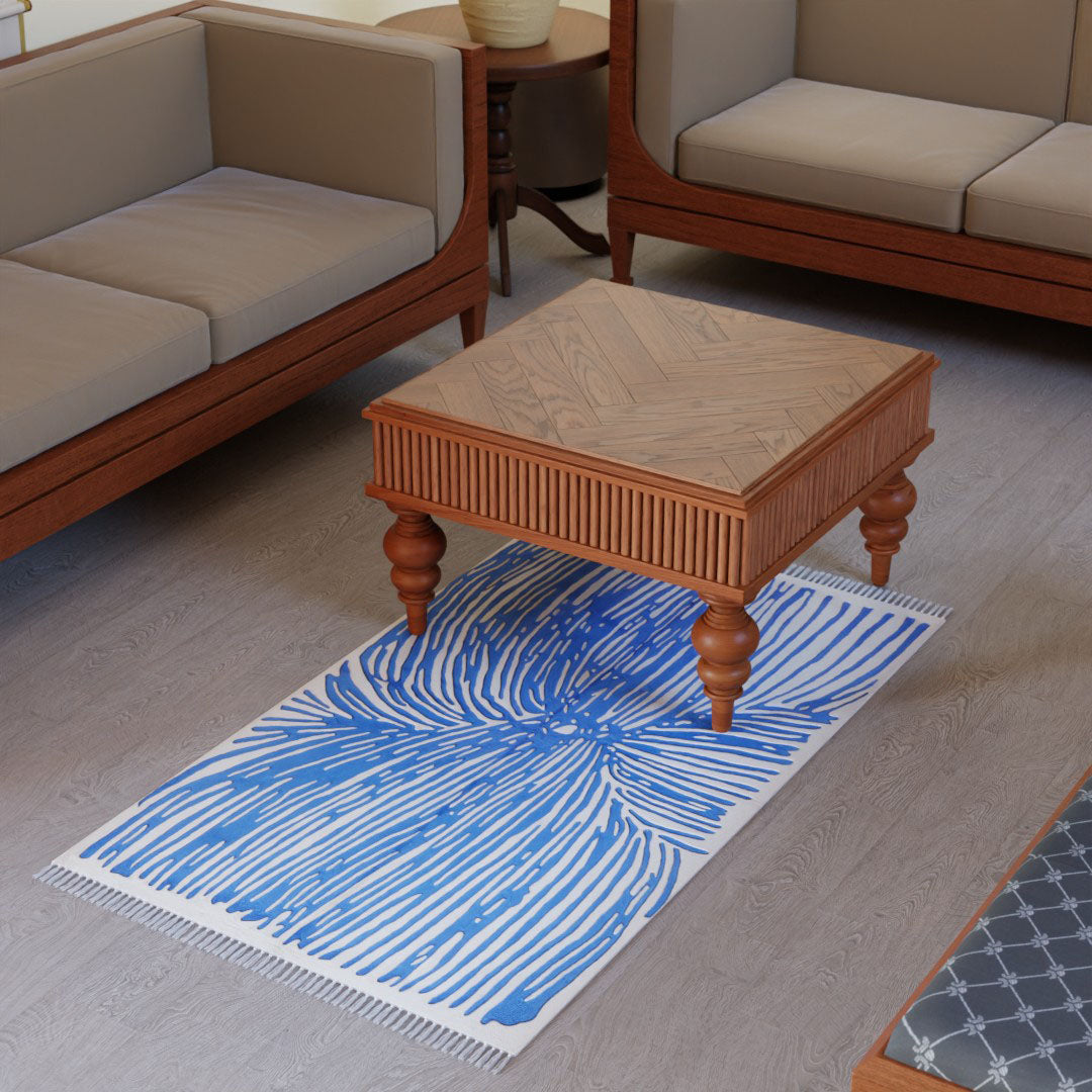 Off White & Blue Abstract Geometric Crewel Embroidery Wool Rug, 3x5 ft