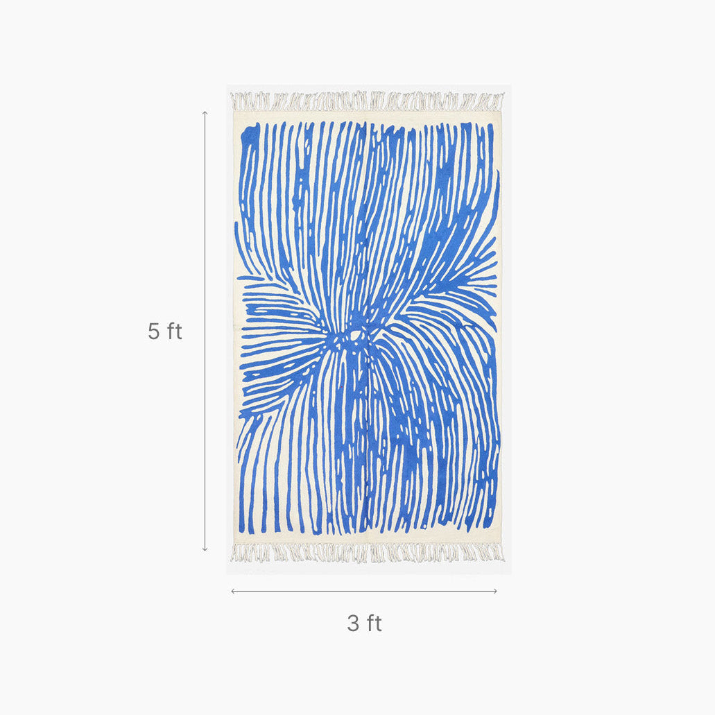 Off White & Blue Abstract Geometric Crewel Embroidery Wool Rug, 3x5 ft