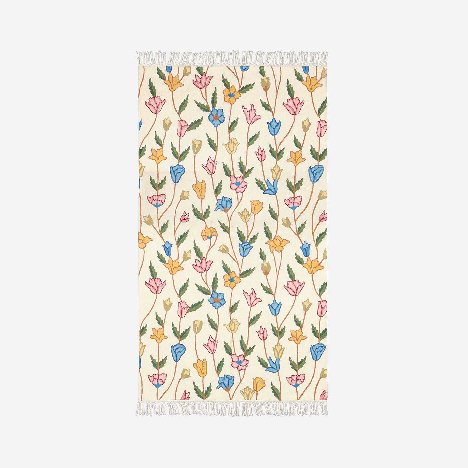 Multi-Colour Floral Kashmiri Crewel Embroidery Wool Rug, 3x5 ft