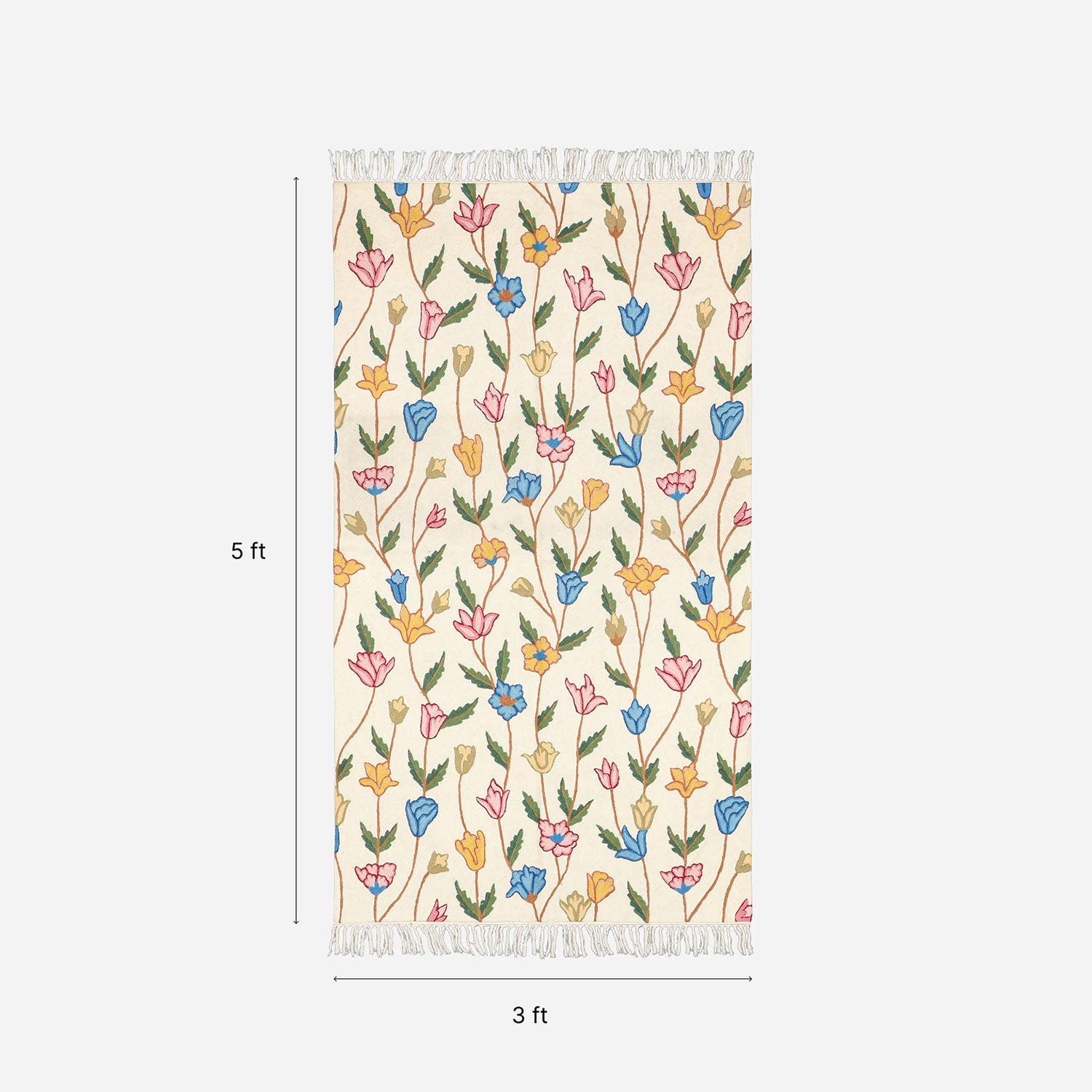 Multi-Colour Floral Kashmiri Crewel Embroidery Wool Rug, 3x5 ft