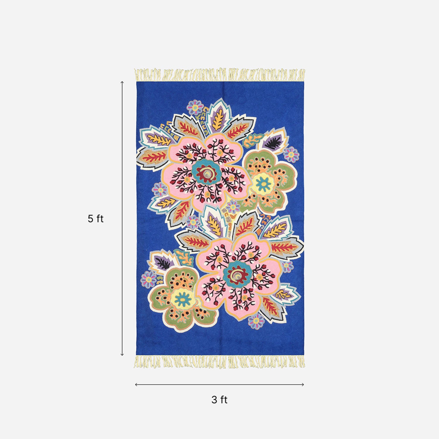 Multi-Colour Floral Kashmiri Crewel Embroidery Wool Rug, 3x5 ft