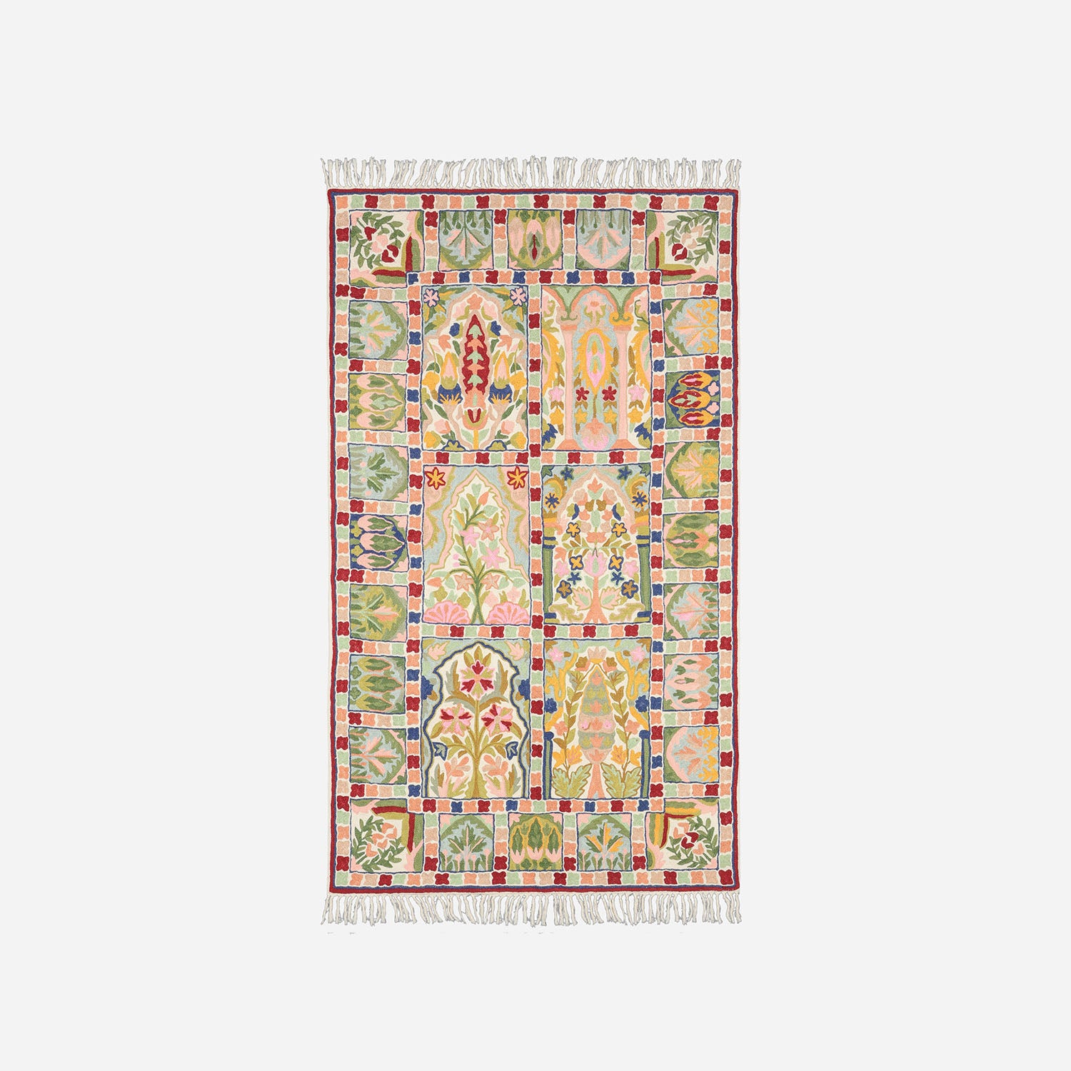 Multi-Colour Square Pattern Crewel Stitch Wool Rug, 3x5 ft