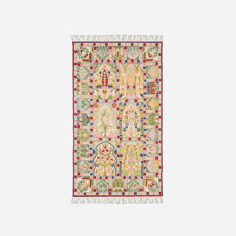 Multi-Colour Square Pattern Crewel Stitch Wool Rug, 3x5 ft