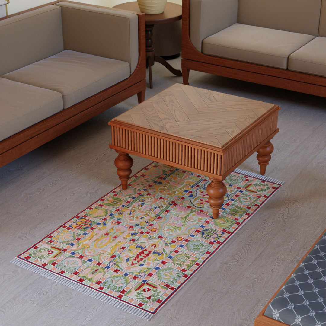 Multi-Colour Square Pattern Crewel Stitch Wool Rug, 3x5 ft