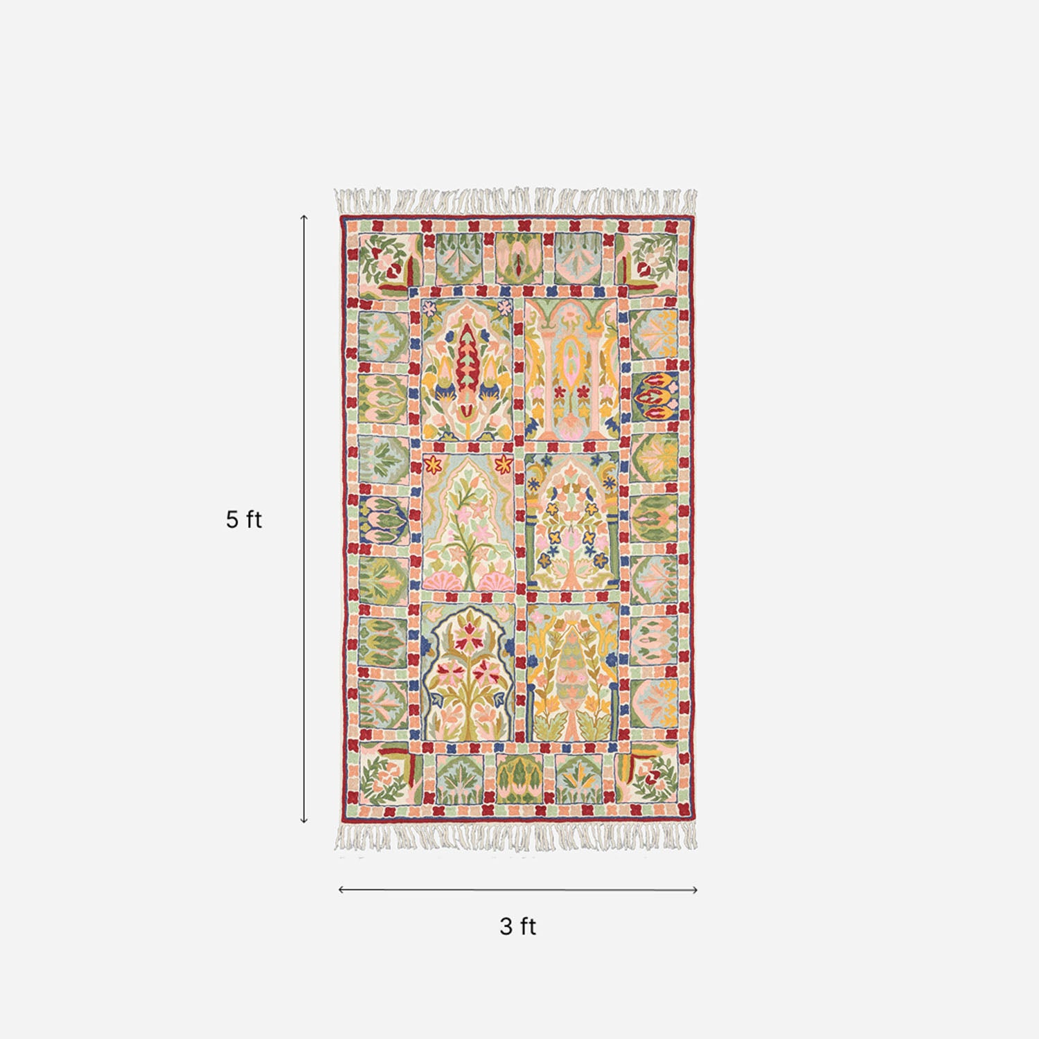 Multi-Colour Square Pattern Crewel Stitch Wool Rug, 3x5 ft