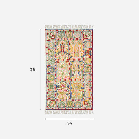 Multi-Colour Square Pattern Crewel Stitch Wool Rug, 3x5 ft
