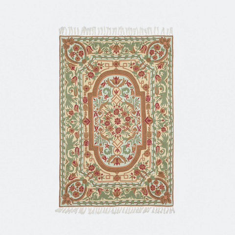 Multi-Colour Mughal Pattern Kashmiri Crewel Embroidery Wool Rug, 4x6 ft