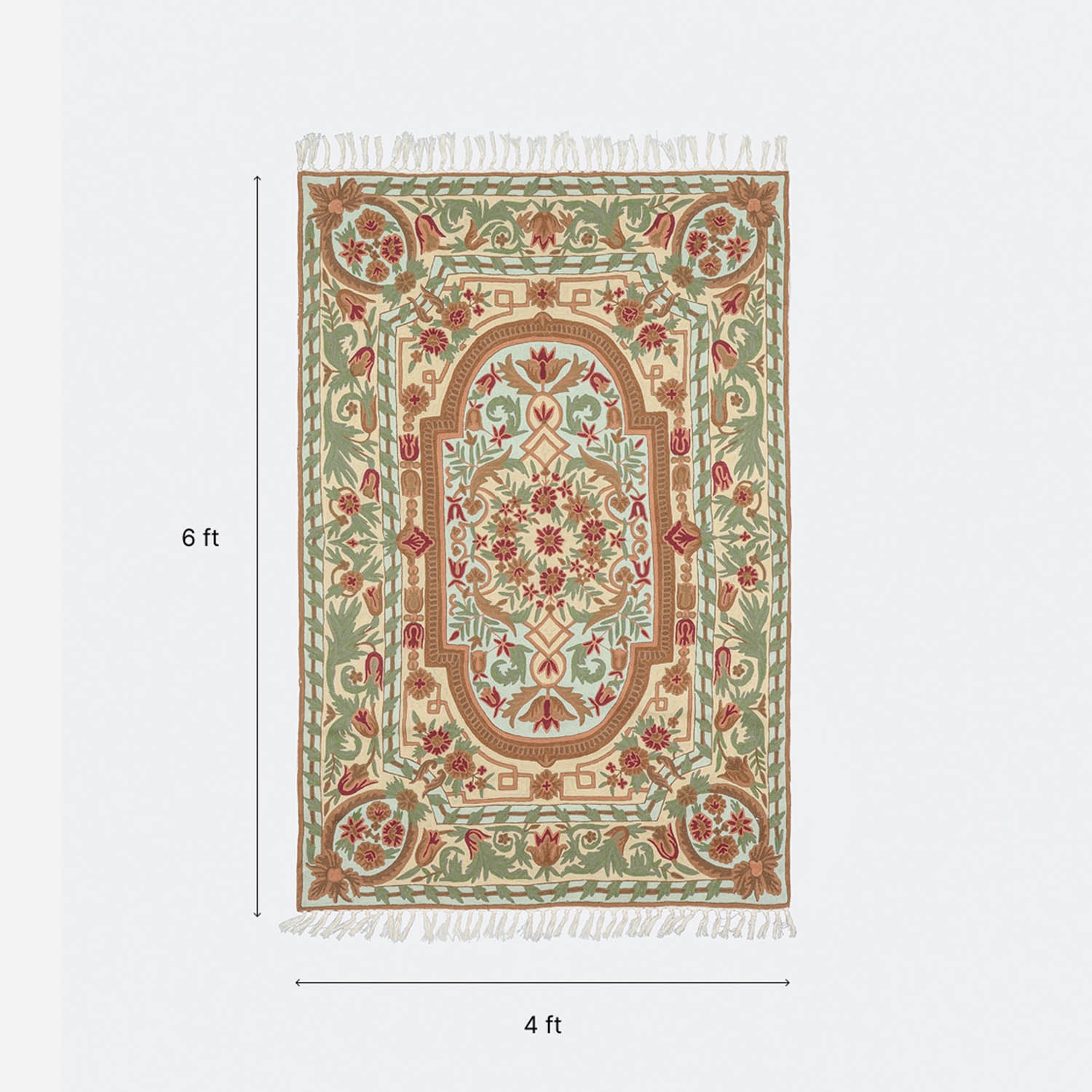 Multi-Colour Mughal Pattern Kashmiri Crewel Embroidery Wool Rug, 4x6 ft