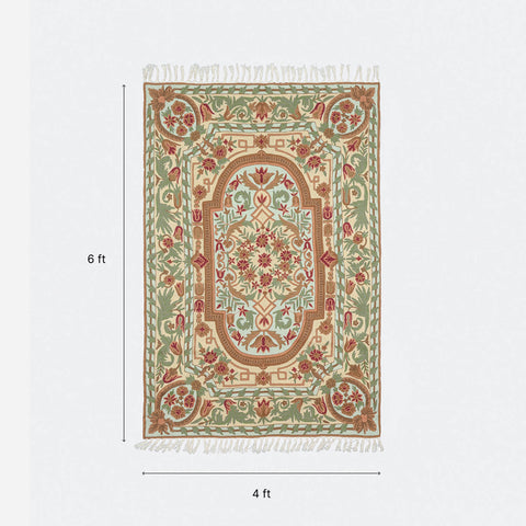 Multi-Colour Mughal Pattern Kashmiri Crewel Embroidery Wool Rug, 4x6 ft
