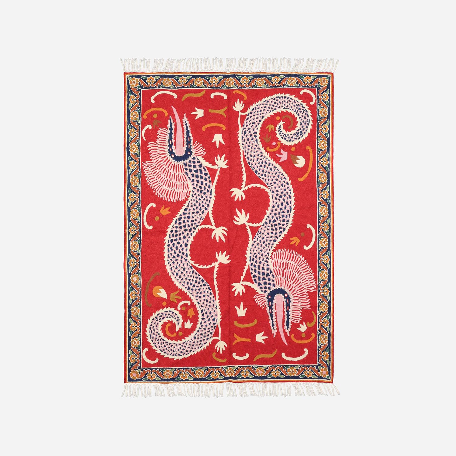 Red Dragon Kashmiri Crewel Embroidery Wool Rug, 4x6 ft