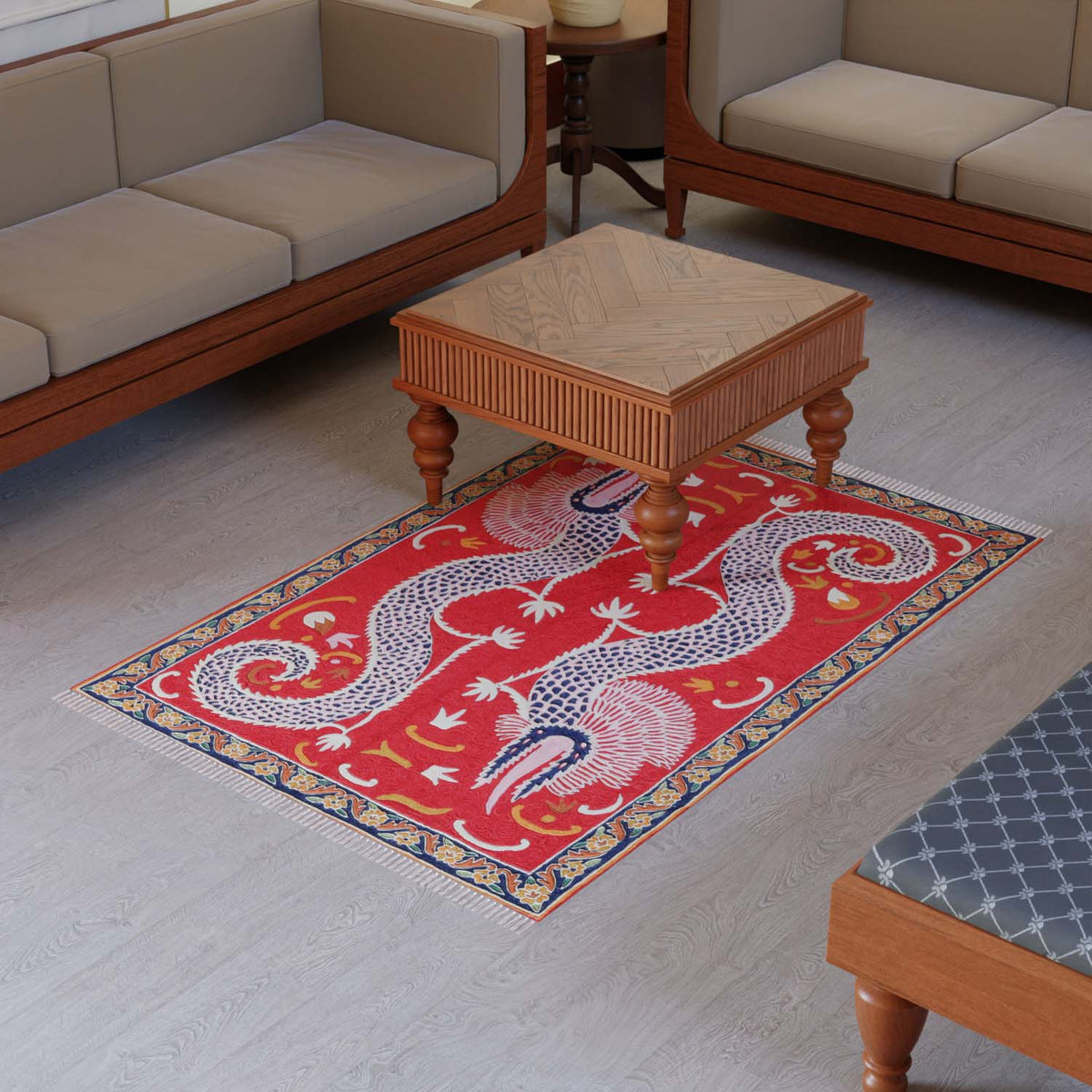 Red Dragon Kashmiri Crewel Embroidery Wool Rug, 4x6 ft