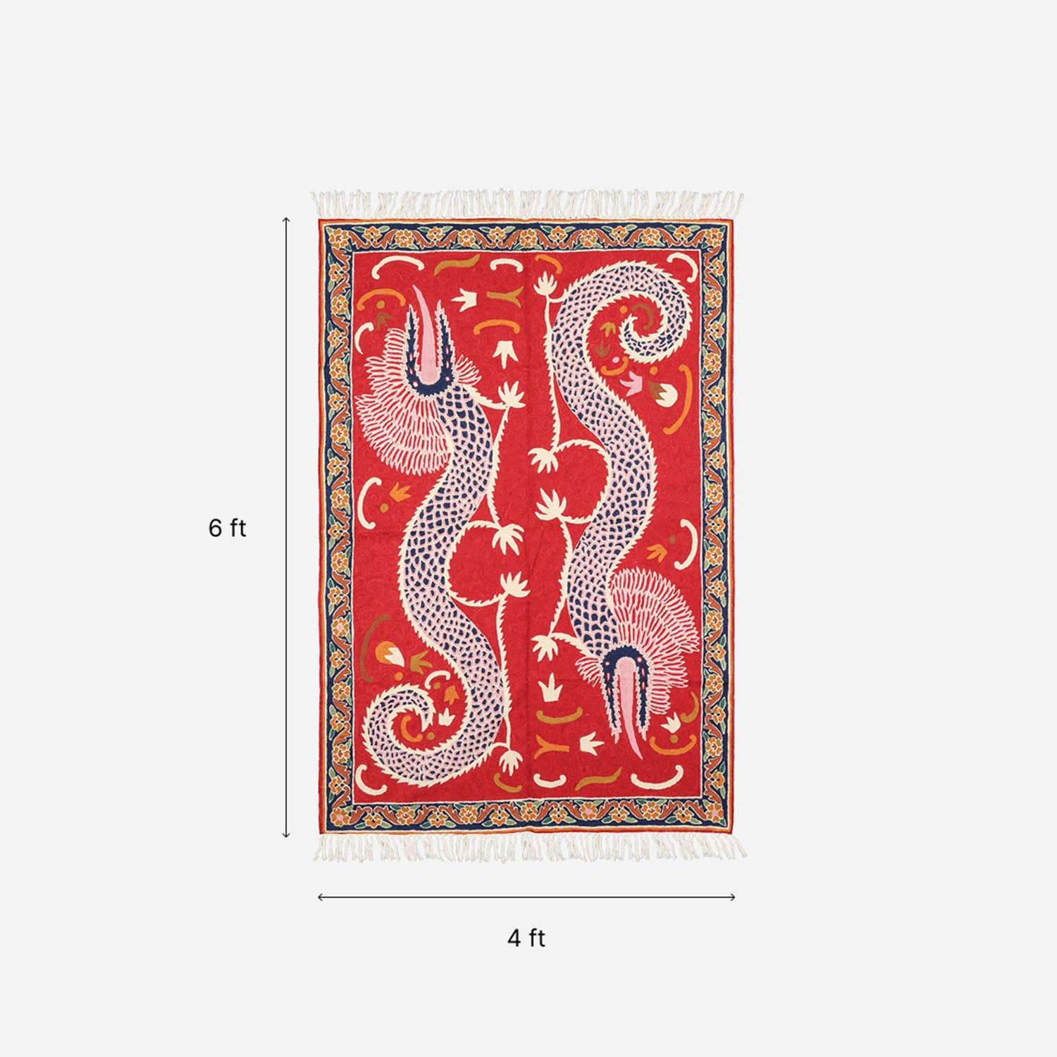 Red Dragon Kashmiri Crewel Embroidery Wool Rug, 4x6 ft