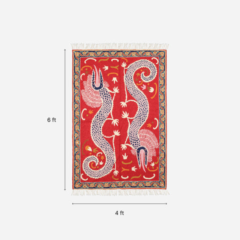 Red Dragon Kashmiri Crewel Embroidery Wool Rug, 4x6 ft