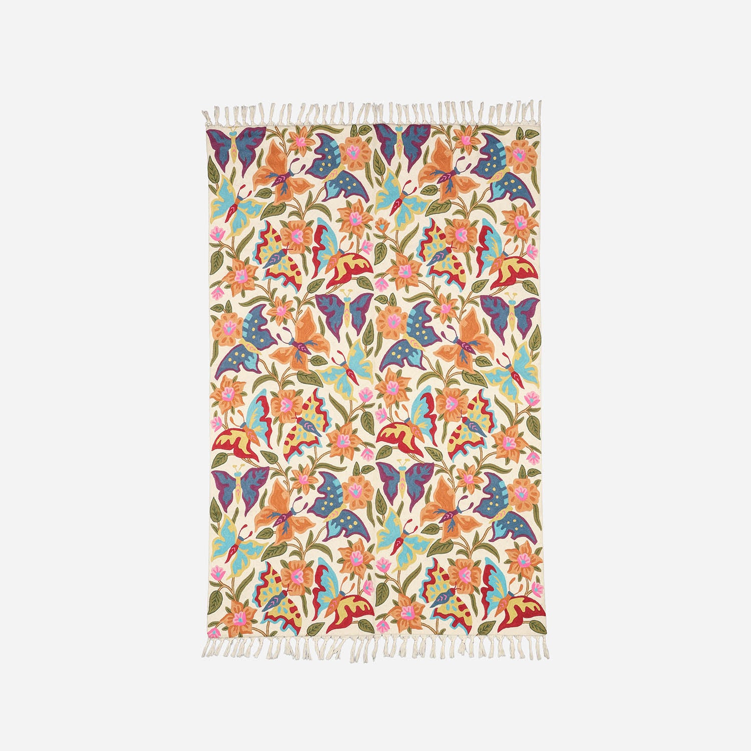 Multi Colour Butterfly Kashmiri Crewel Embroidery Wool Rug, 4x6 ft