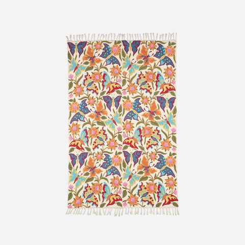 Multi Colour Butterfly Kashmiri Crewel Embroidery Wool Rug, 4x6 ft