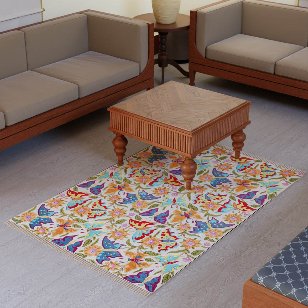 Multi Colour Butterfly Kashmiri Crewel Embroidery Wool Rug, 4x6 ft