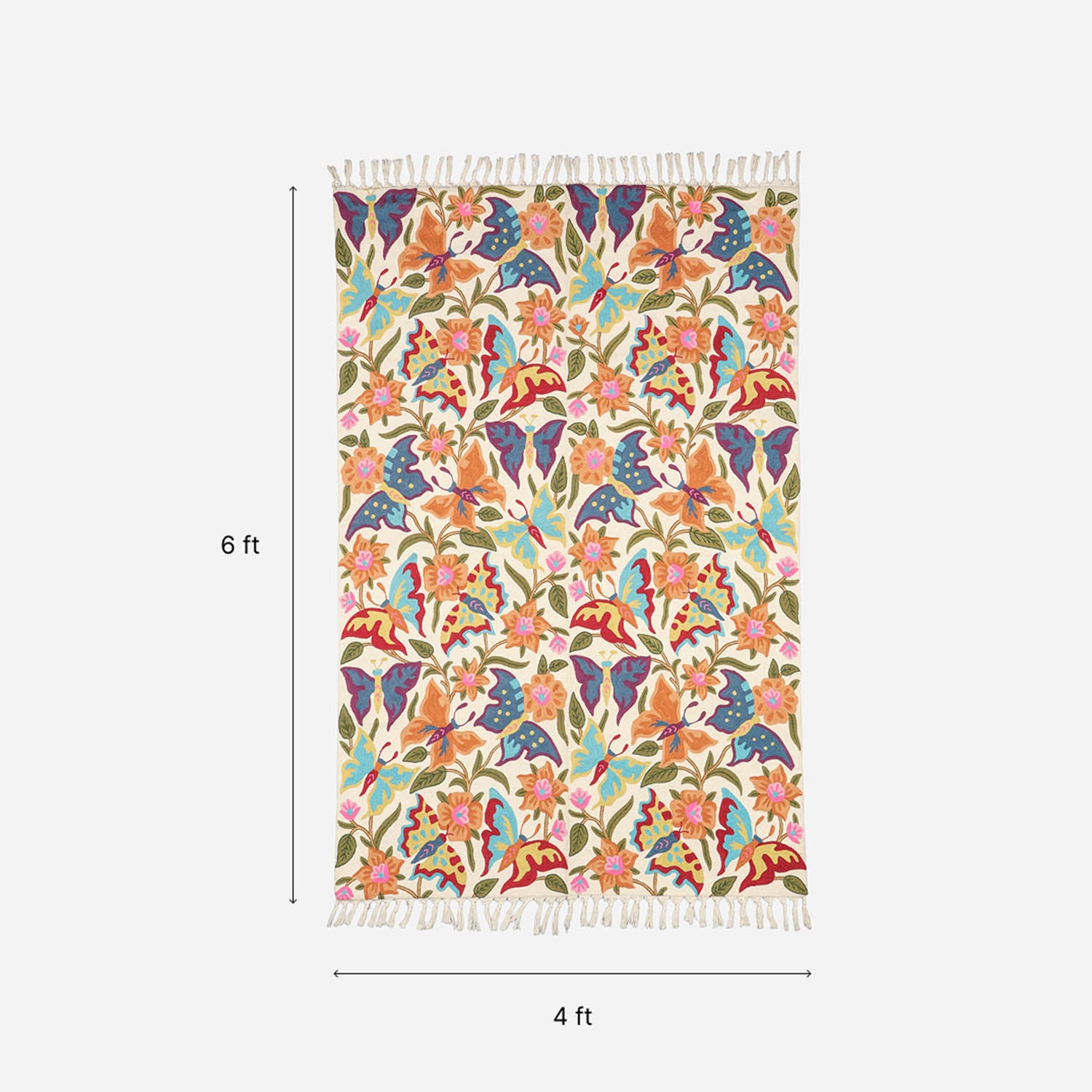 Multi Colour Butterfly Kashmiri Crewel Embroidery Wool Rug, 4x6 ft