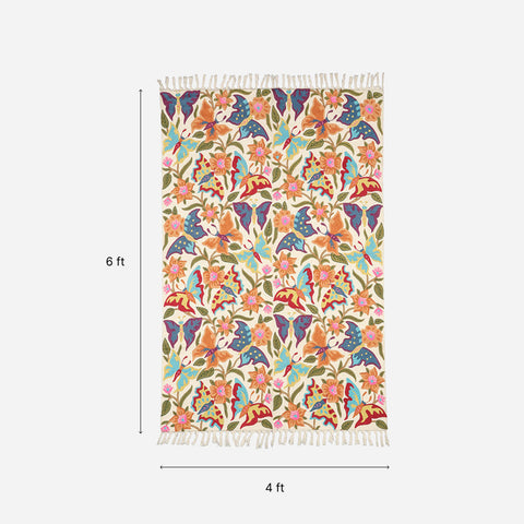 Multi Colour Butterfly Kashmiri Crewel Embroidery Wool Rug, 4x6 ft