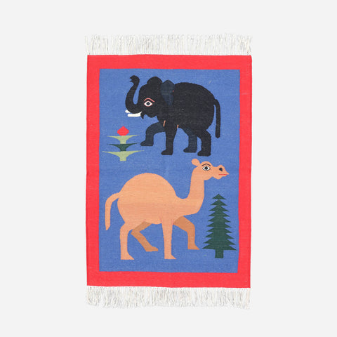 Blue & Red Cotton Camel & Elephant Handwoven Cotton Reversible Rug, 2x3 ft