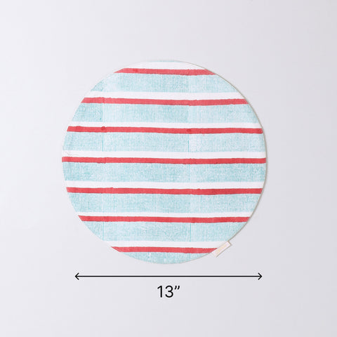Red & Blue Stripe Block Printed Round Placemat 
Set of 2