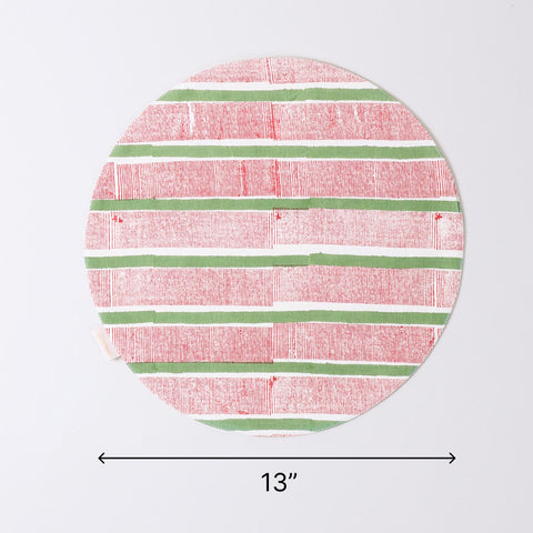 Red & Green Stripe Round Placemat Block Printed 
Set of 2