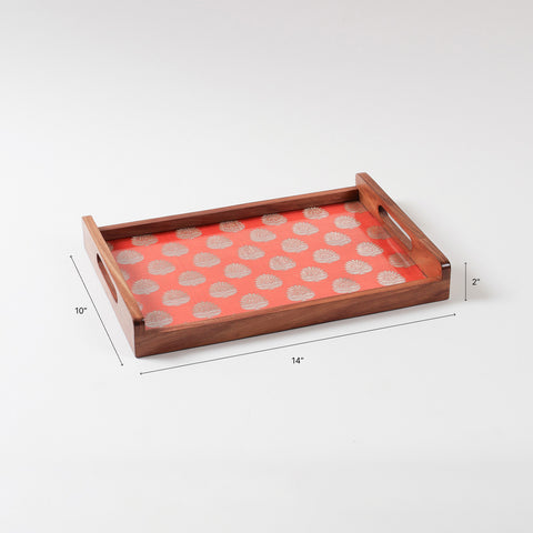 Orange & Golden Paisley Hand Woven Fabric & Wood Tray
