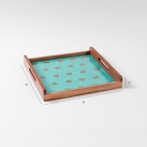 Green & Golden Gota Patti Square Wooden Tray