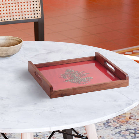 Red & Golden Paisley Gota Patti Square Wooden Tray