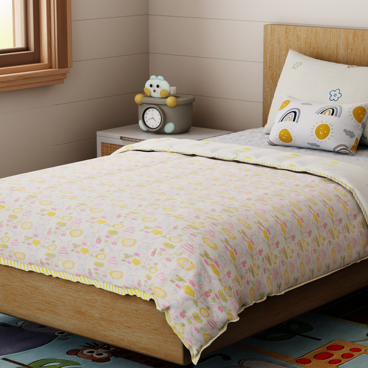 Bunny’s Garden Reversible Block Print Quilt 60x90 Inches