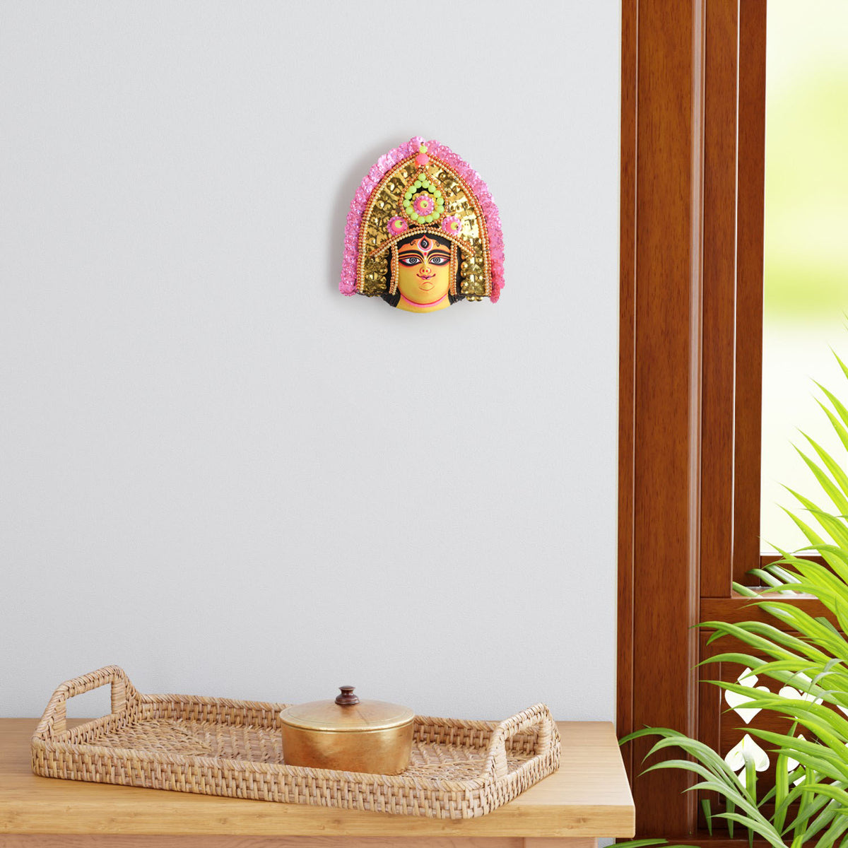 Yellow & Pink Chhau Mask, Durga, 9 Inches
