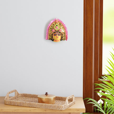 Yellow & Pink Chhau Mask, Durga, 9 Inches