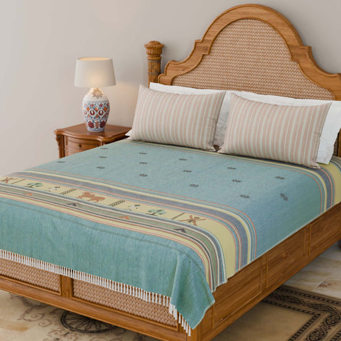 Hand-woven Bawan Buti Double Bedcover, Teal