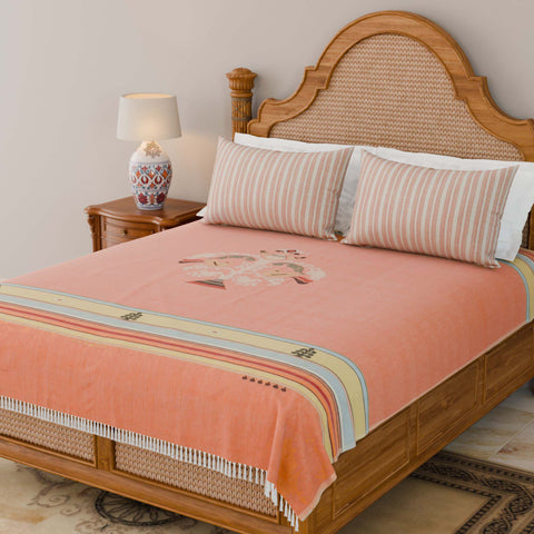 Hand-woven Bawan Buti Double Bedcover, Orange