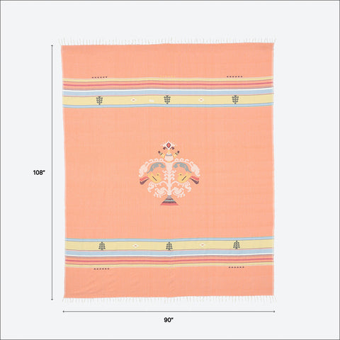 Hand-woven Bawan Buti Double Bedcover, Orange