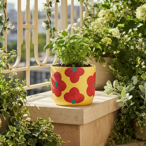 Retro Floral Yellow Ceramic Flower Pot Large 5.5 x 6 Inches