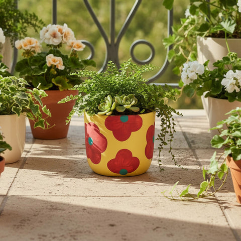 Retro Floral Yellow Ceramic Flower Pot Medium 4.5x5 Inches