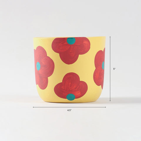 Retro Floral Yellow Ceramic Flower Pot Medium 4.5x5 Inches