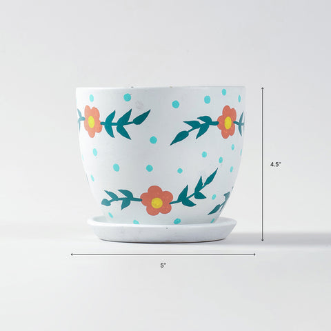 Red Floral Ceramic Flower Pot with Drainage Plate 4.5x5