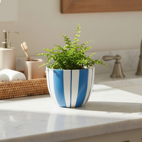 Blue & White Striped U-Shape Ceramic Flower Pot 4.5x5 Inches
