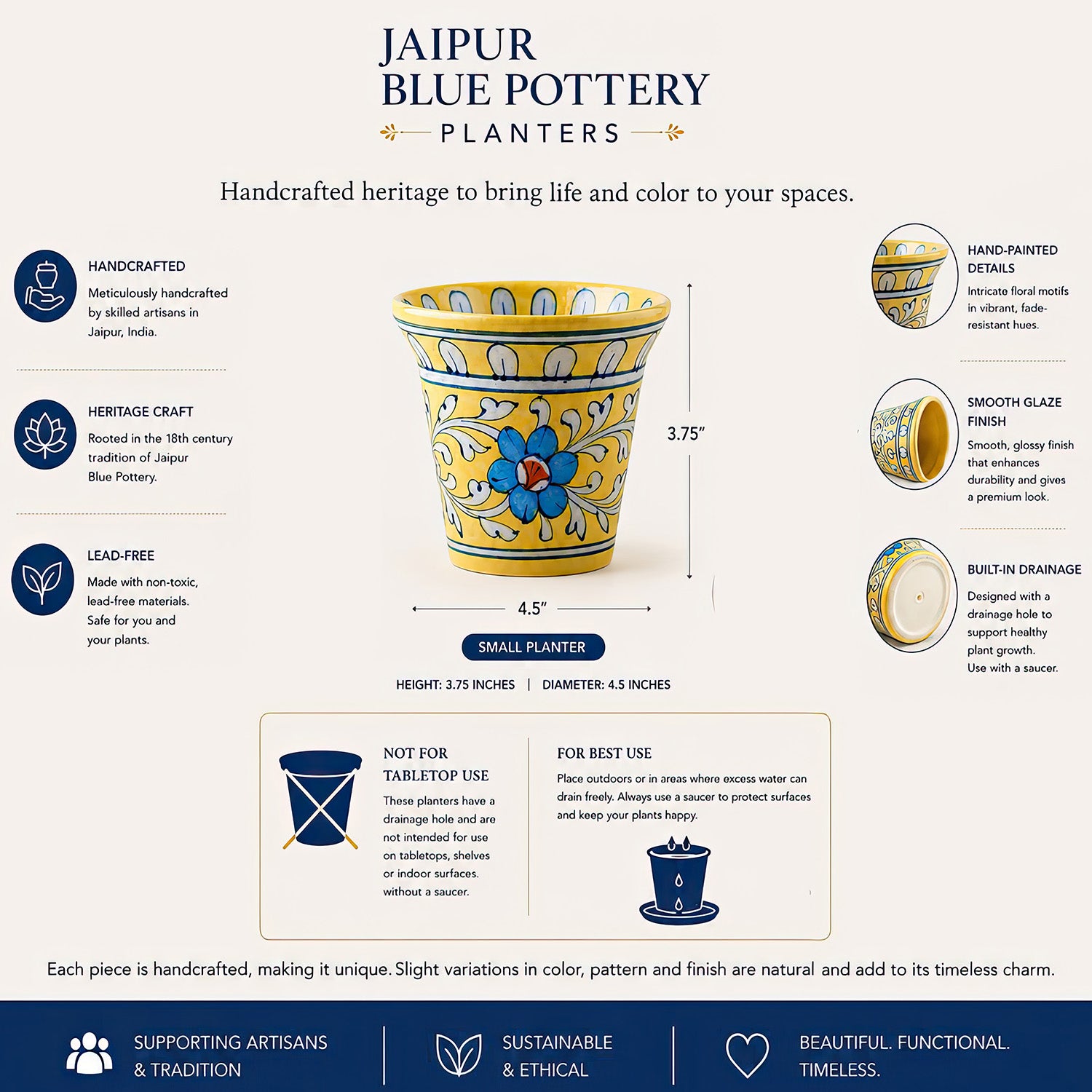 Set of 2 Conical Blue Pottery Planters - Yellow & Light Blue
