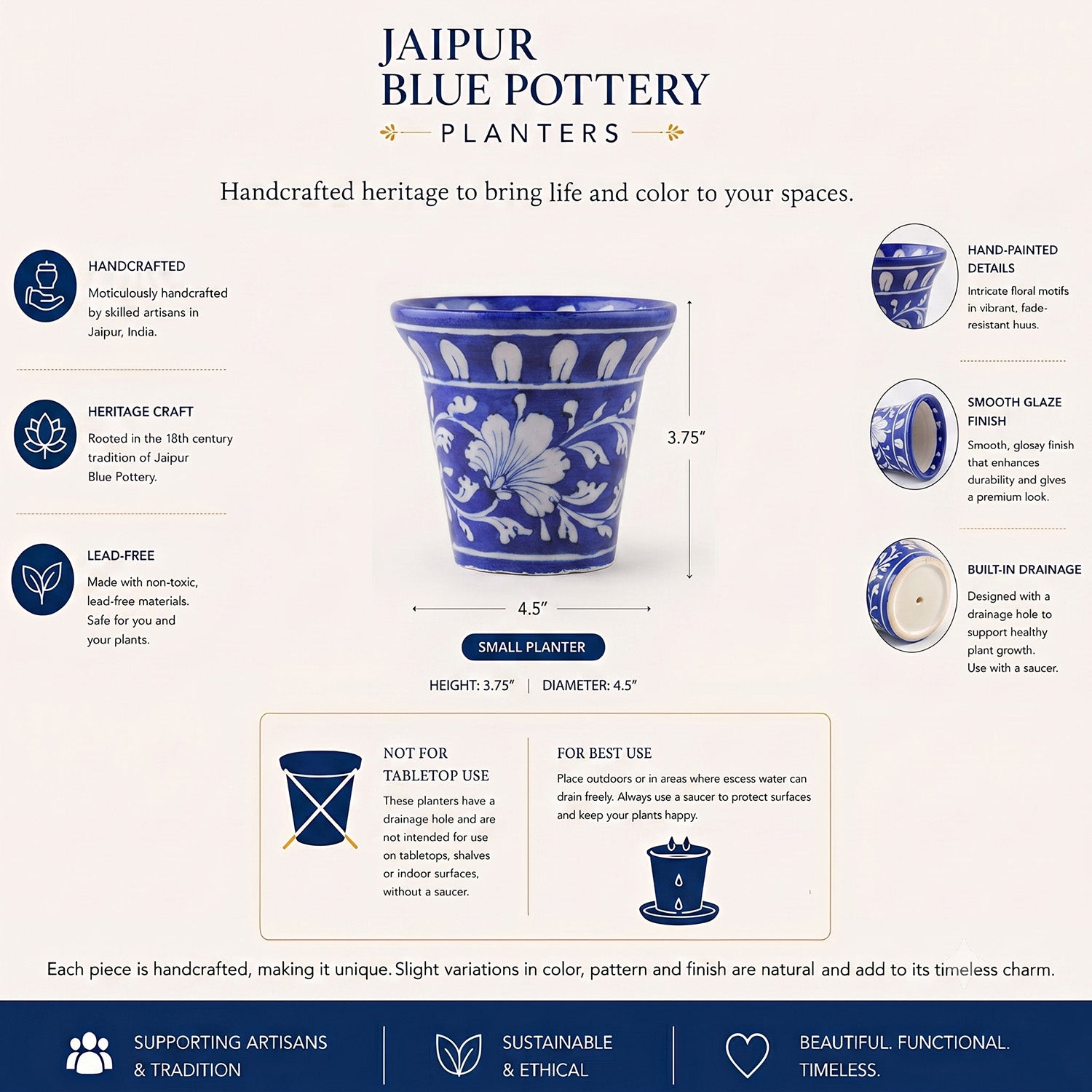 Indigo & White Bell Shaped Blue Pottery Planter 4.5x3.75 Inches