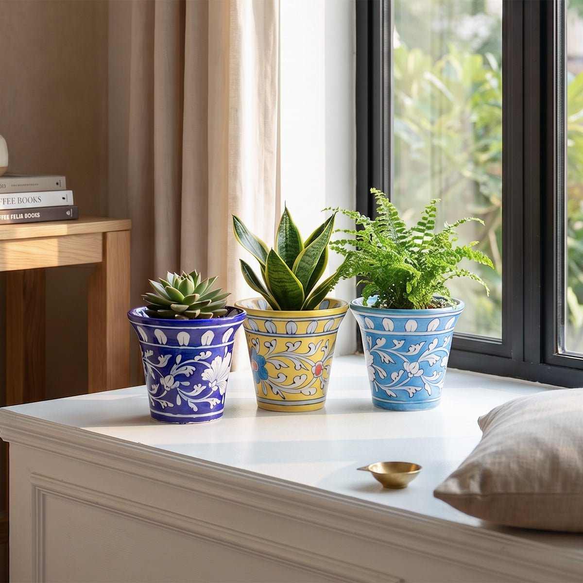 Set of 3 Blue Pottery Planters - Yellow, Indigo & Light Blue 4.5x3.75 Inches