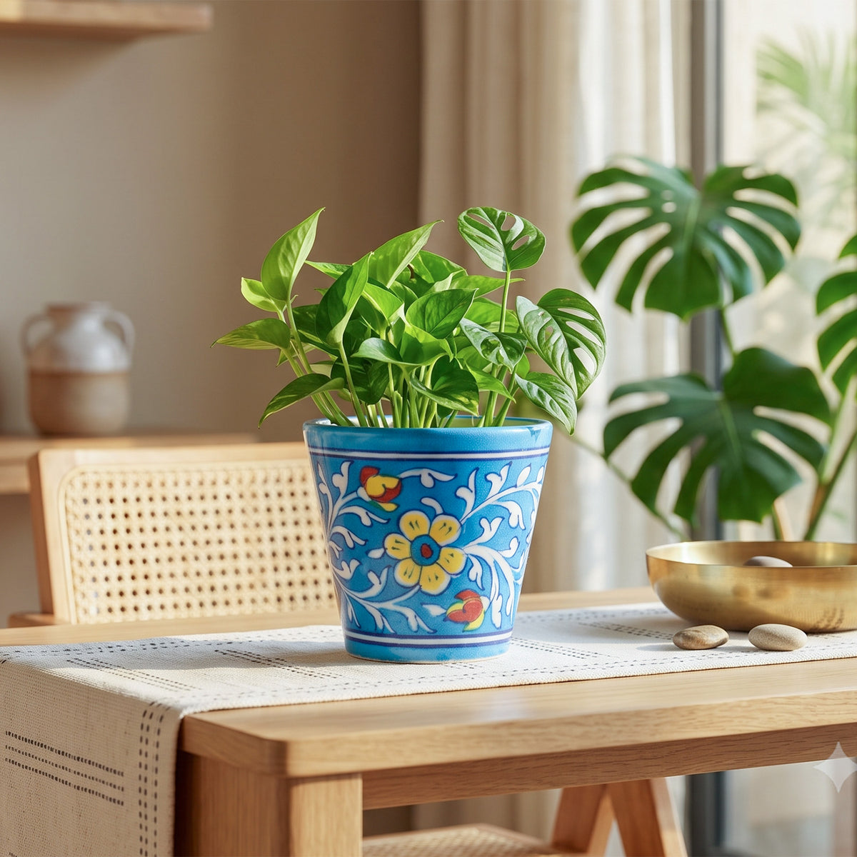Light Blue & Yellow Conical Blue Pottery Planter 5x4.5 Inches