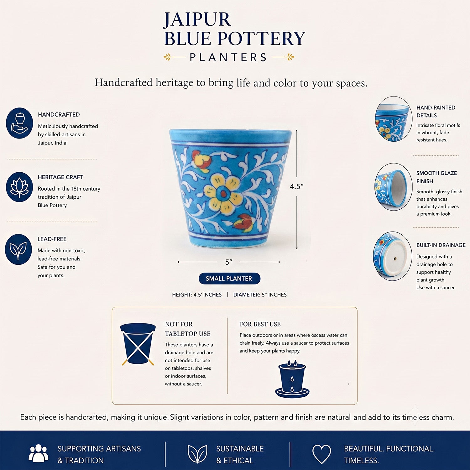 Light Blue & Yellow Conical Blue Pottery Planter 5x4.5 Inches