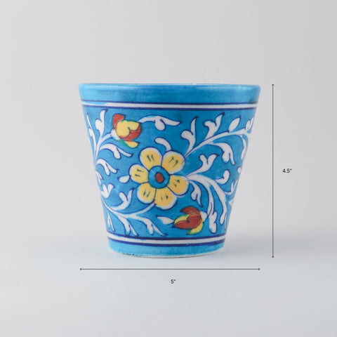 Light Blue & Yellow Conical Blue Pottery Planter 5x4.5 Inches
