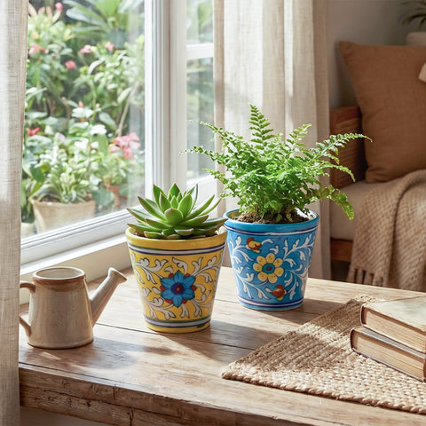 Set of 2 Conical Blue Pottery Planters - Yellow & Light Blue