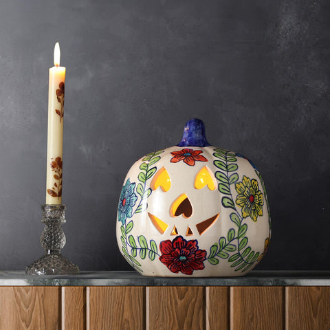 Hand-painted Ceramic Pumpkin T-light Holder - Floral