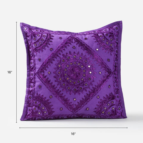 Purple Cotton Mirror Embroidered Cushion Cover, 16 x 16